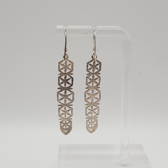 Sterling Silver Flower / Snowflake Diamond Cut Dangle Hook Earrings - Picture 2 of 6